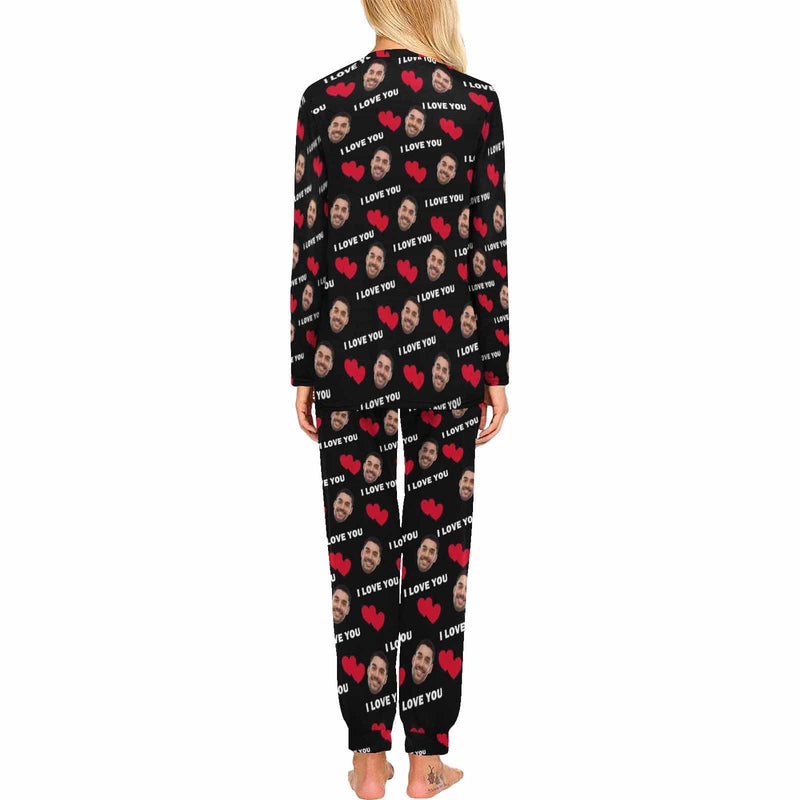 FacePajamas Pajama [TikTok Hot Selling] Custom Face Black Couple Matching Pajamas I Love You Sleepwear Sets Funny Long Sleeve Nightwear
