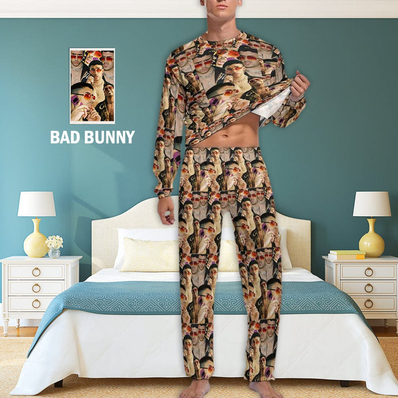 FacePajamas Pajama [TikTok Hot Selling] Custom Photo BAD BUNNY Same Style Men's Pajamas Personalized Photo Crewneck Long Pajama Set