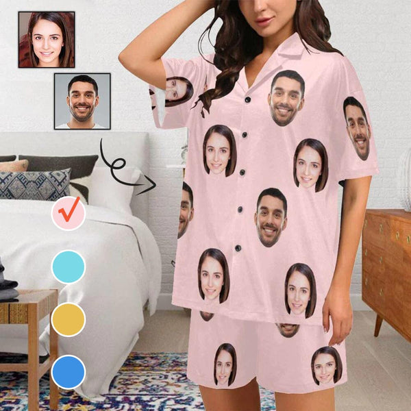 [Up To 5 Faces] Custom Face Pajama Set Solid Color Loungewear for Women
