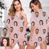 FacePajamas Pajama [Up To 4 Faces] Custom Face Pajama Set Solid Color Loungewear Personalized Photo Sleepwear Women's V-Neck Short Pajama Set