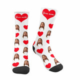 FacePajamas Sublimated Crew Socks White Happy Mother's Day | Custom Face&Name Red Heart Socks Personalized Cute Girlfriend Sublimated Crew Socks for Mom