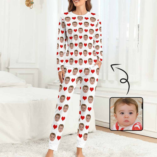 FacePajamas Pajama White / XS Custom Baby Face Pajamas Love Heart Sleepwear Personalized Women's Slumber Party Crewneck Long Pajamas Set