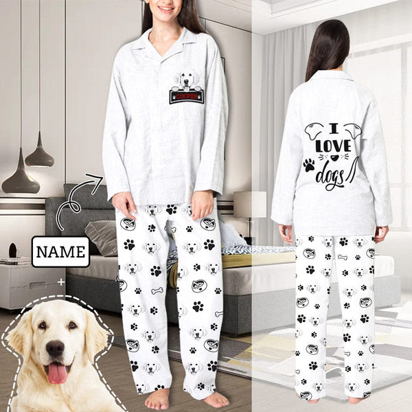 FacePajamas Pajama White / XS Custom Pet Face & Name Pajamas Sleepwear Multiple Colors Personalized Women's Slumber Party Long Pajama Set