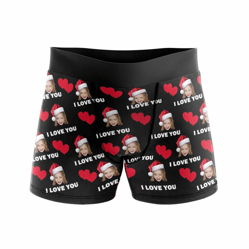 FacePajamas Underwear With Christmas Hat / Black / XS [Made In USA] Custom Boxer Briefs with Face I Love You Personalized Boxer for Husband Boyfriend Print Face Photo Underwear Customized Mens Underwear Gift for Husband