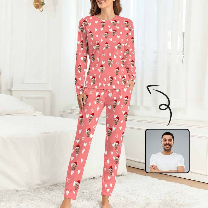FacePajamas Pajama With Hat / XS Custom Boyfriend Face Love Heart Christmas Hat Pink Background Sleepwear Personalized Women's Crewneck Long Pajamas Set