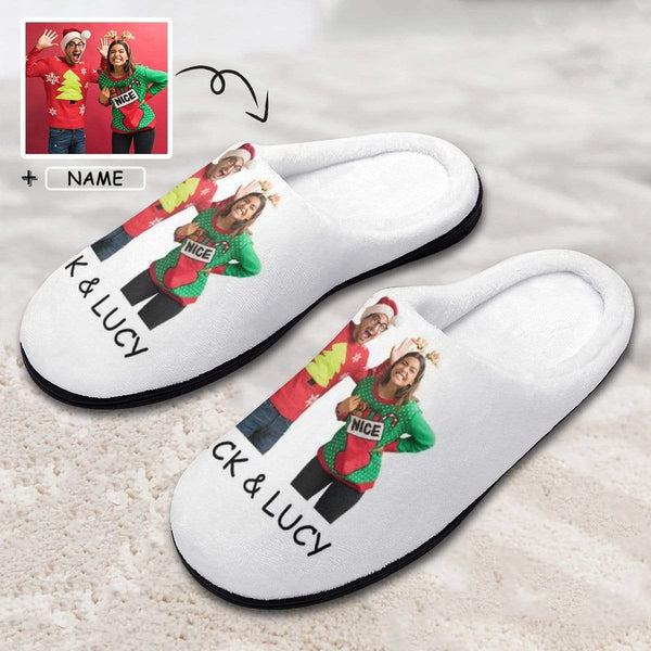 FacePajamas Slippers-2YX-SDS WOMEN / 7-8(38-39) Custom Photo&Name Couples Women's All Over Print Cotton Slippers