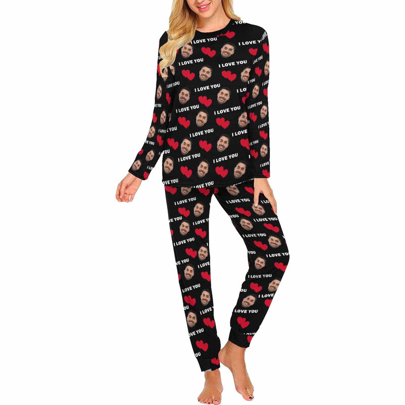 FacePajamas Pajama Women's Long Sleeve Crew Neck PJ Set / XS [TikTok Hot Selling] Custom Face Black Couple Matching Pajamas I Love You Sleepwear Sets Funny Long Sleeve Nightwear