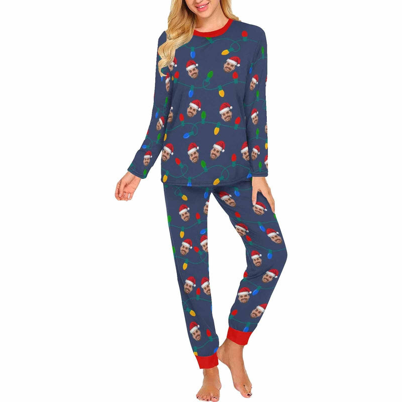 FacePajamas Pajama Women/XS Custom Face Christmas Hat LED Lights Sleepwear Personalized Family Slumber Party Matching Long Sleeve Pajamas Set