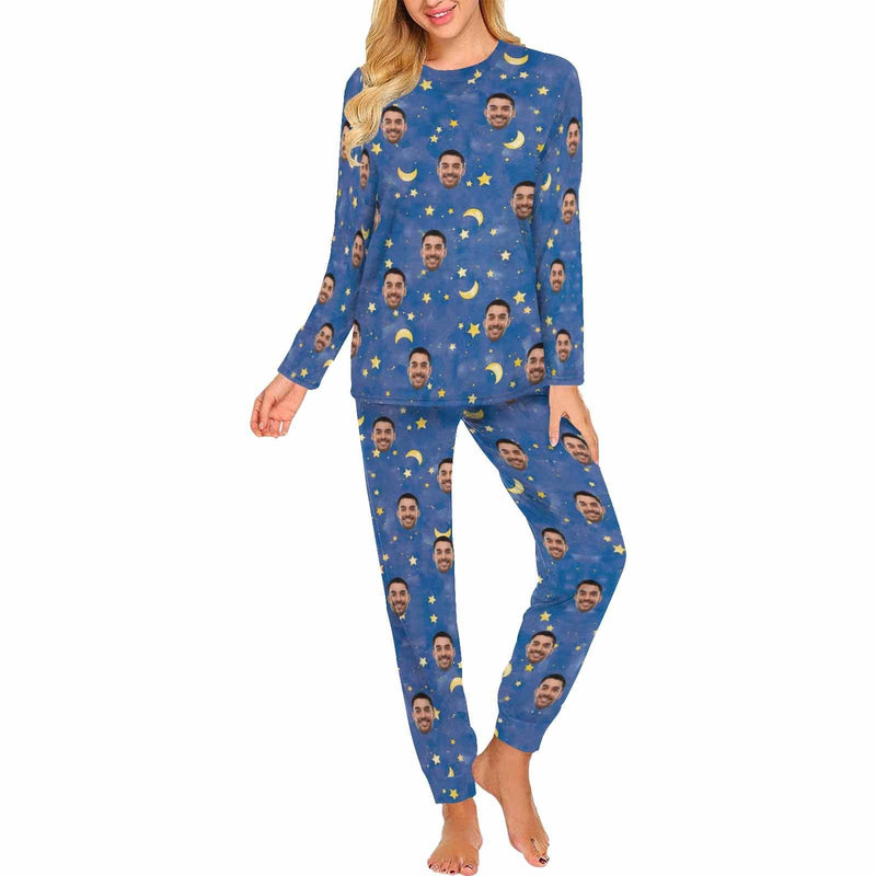 FacePajamas Pajama Women/XS Custom Pajamas with Faces Blue Starry Sky Sleepwear Personalized Family Matching Long Sleeve Pajamas Set