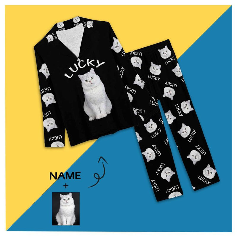FacePajamas Pajama XS / Black Custom Pet Cat Photo&Name Solid Color Sleepwear Personalized Women's Slumber Party Long Pajama Set