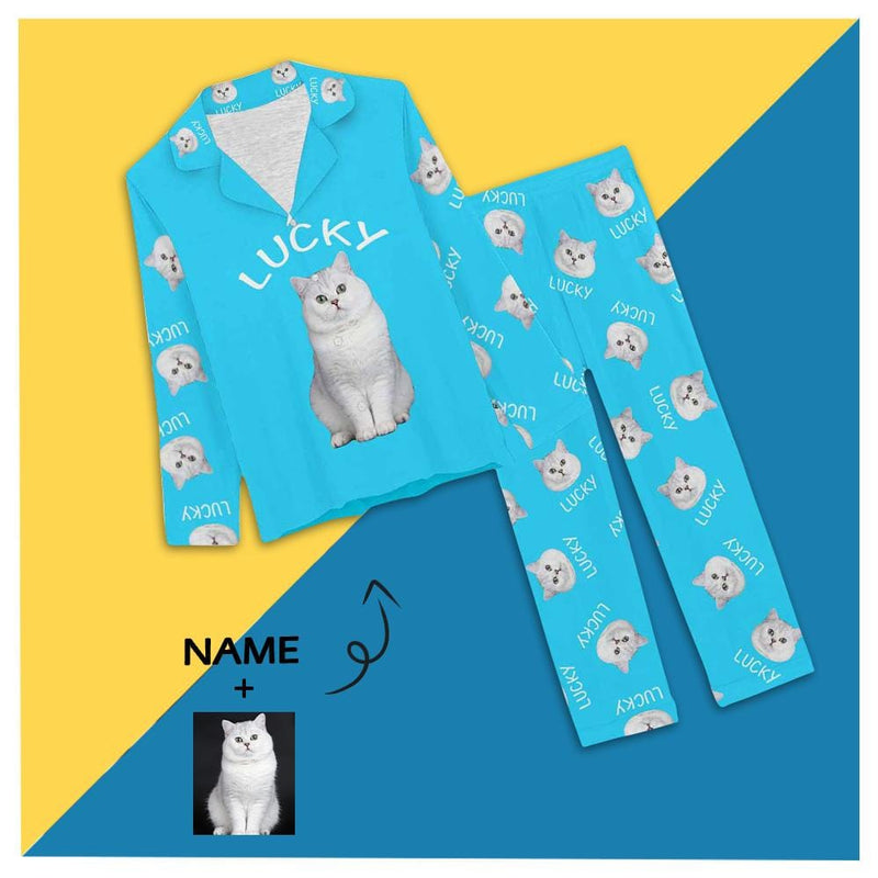 FacePajamas Pajama XS / Blue Custom Pet Cat Photo&Name Solid Color Sleepwear Personalized Women's Slumber Party Long Pajama Set
