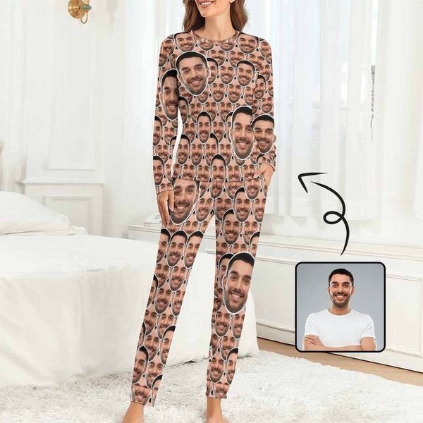 FacePajamas Pajama XS Custom Boyfriend Face Seamless Sleepwear Personalized Women's Slumber Party Crewneck Long Pajamas Set