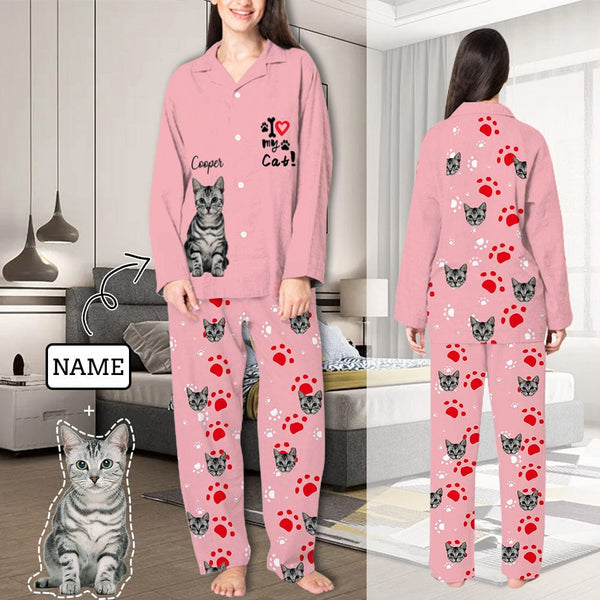 FacePajamas Pajama XS Custom Cat Photo & Name Pajamas Sleepwear Pink Personalized Women's Slumber Party Long Pajama Set