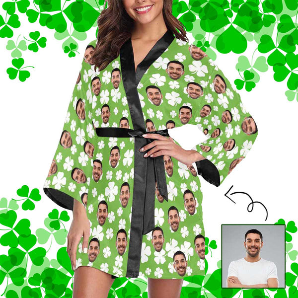 FacePajamas Pajama XS Custom Face Cute Green Clover Women's Short Pajama Kimono Robe