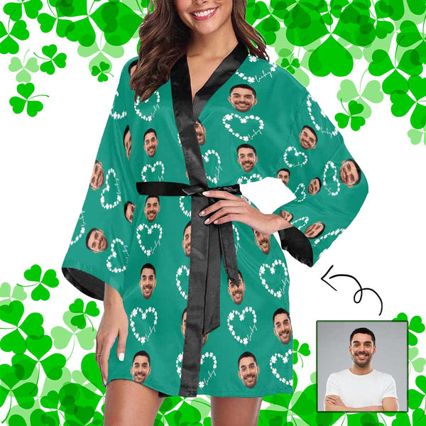 FacePajamas Pajama XS Custom Face Green Lucky Heart Women's Short Pajama Kimono Robe