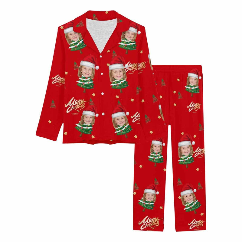 FacePajamas Pajama XS Custom Face Pajamas Christmas Tree Small Red Hat Sleepwear Personalized Women's Slumber Party Long Pajama Set