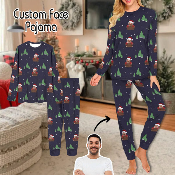 FacePajamas Pajama XS Custom Face Pajamas Personalized Santa Claus and Tree Women's Crew Neck Long Sleeve Pajama Set