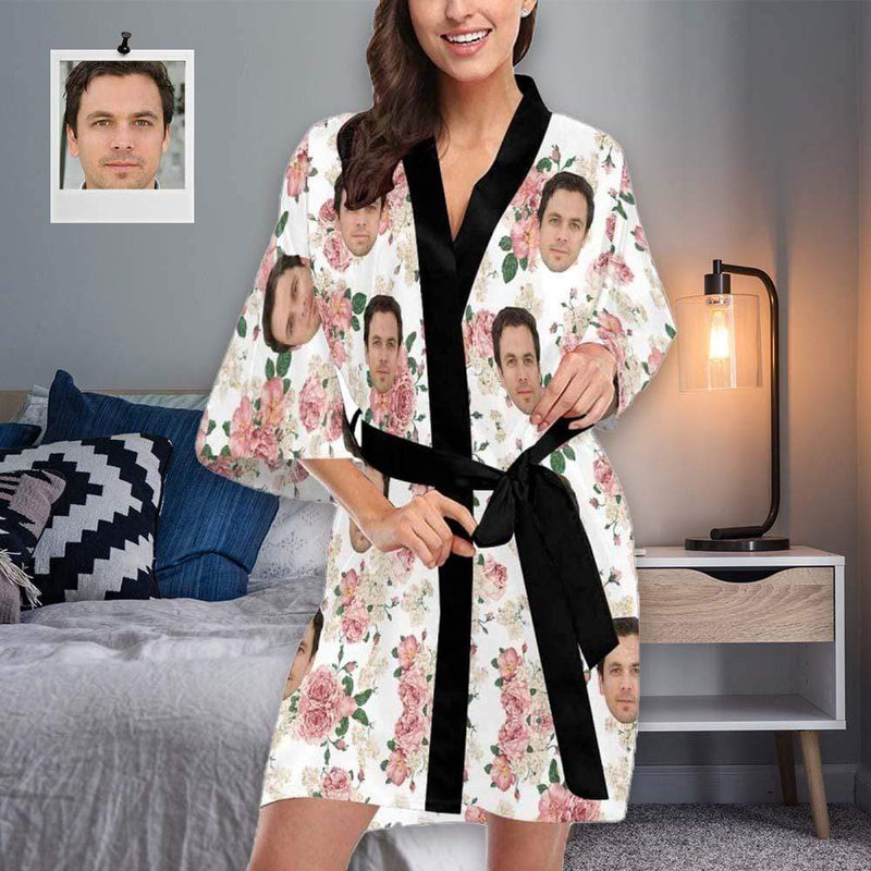 FacePajamas Pajama XS Custom Husband Face Peony Women's Summer Short Nightwear Personalized Photo Pajamas Kimono Robe