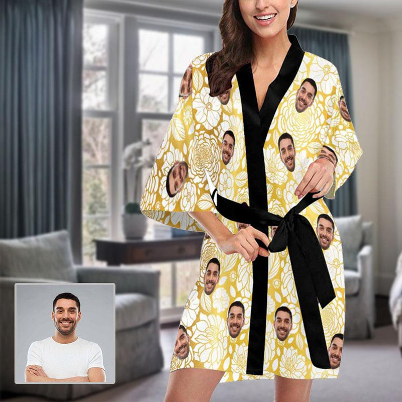 FacePajamas Pajama XS Custom Husband Face Yellow Flower Women's Summer Short Pajamas Funny Personalized Photo Pajamas Kimono Robe