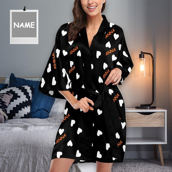 FacePajamas Pajama XS Custom Name Heart Black Women's Summer Short Pajamas Personalized Pajamas Kimono Robe