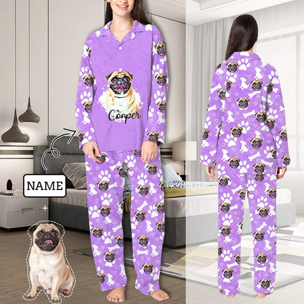 FacePajamas Pajama XS Custom Pet Face & Name Pajamas Sleepwear Purple Personalized Women's Slumber Party Long Pajama Set