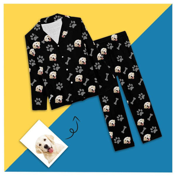 FacePajamas Pajama XS Custom Pet Face Pajamas Dog Paw Black Background Sleepwear Personalized Women's Long Pajama Set