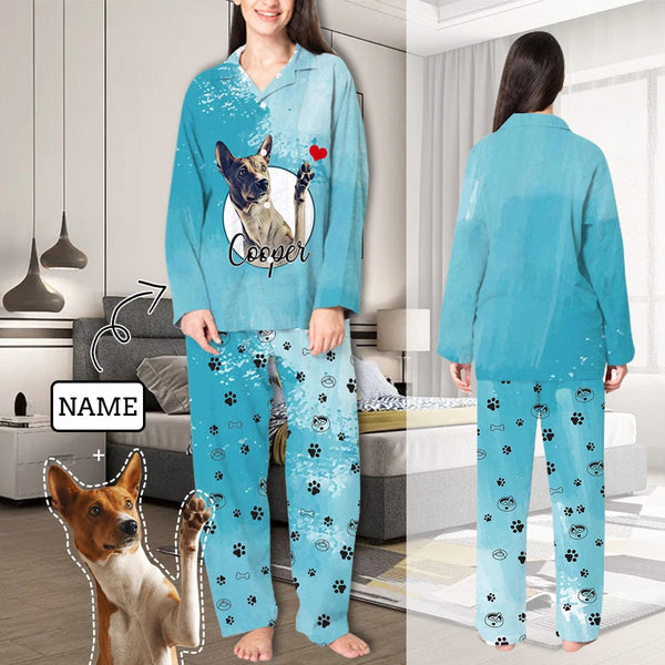 FacePajamas Pajama XS Custom Pet Photo & Name Pajamas Sleepwear Sky Blue Personalized Women's Slumber Party Long Pajama Set
