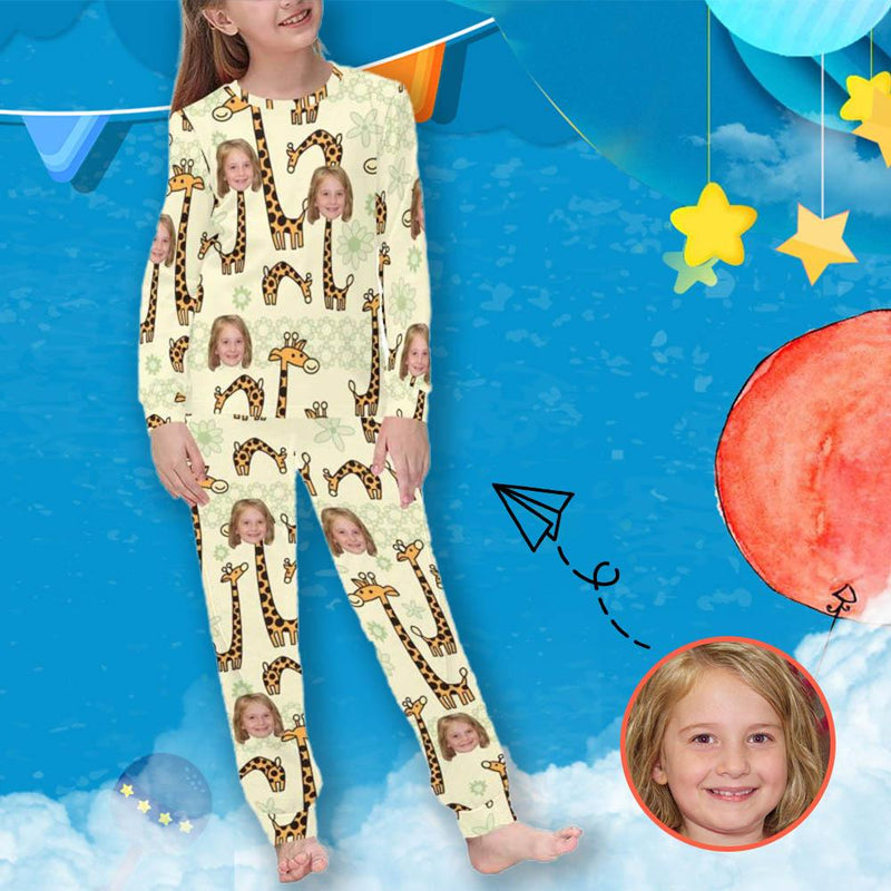 FacePajamas Pajama XS Custom Photo Cartoon Pajama Sleepwear Sets Giraffe light Yellow Personalized Kids Long Sleeve Pajamas Set