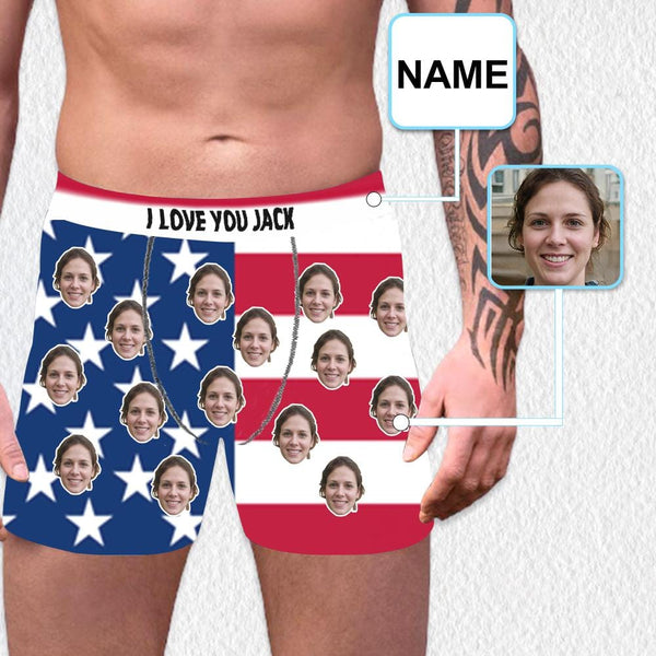 FacePajamas Men Underwear XS Custom Waistband Boxer Briefs Love You Flag Personalized Face&Name Design Funny Underwear for Men