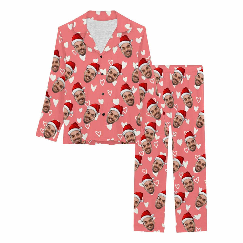 FacePajamas Pajama XS / Face with Santa Hat Custom Boyfriend Face Pajamas Pink Heart Sleepwear Personalized Women's Long Pajama Set