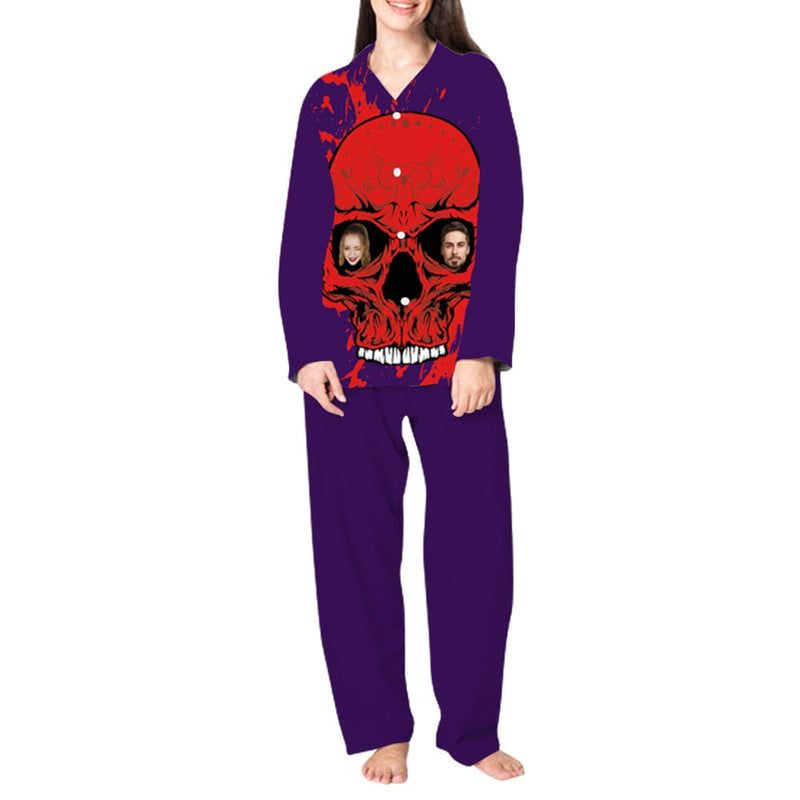FacePajamas XS / For Women Custom Face Couple Pajamas Personalized Halloween Skull Custom Image Couple Matching V-Neck Long Sleeves Pajama Set