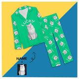 FacePajamas Pajama XS / Green Custom Pet Cat Photo&Name Solid Color Sleepwear Personalized Women's Slumber Party Long Pajama Set