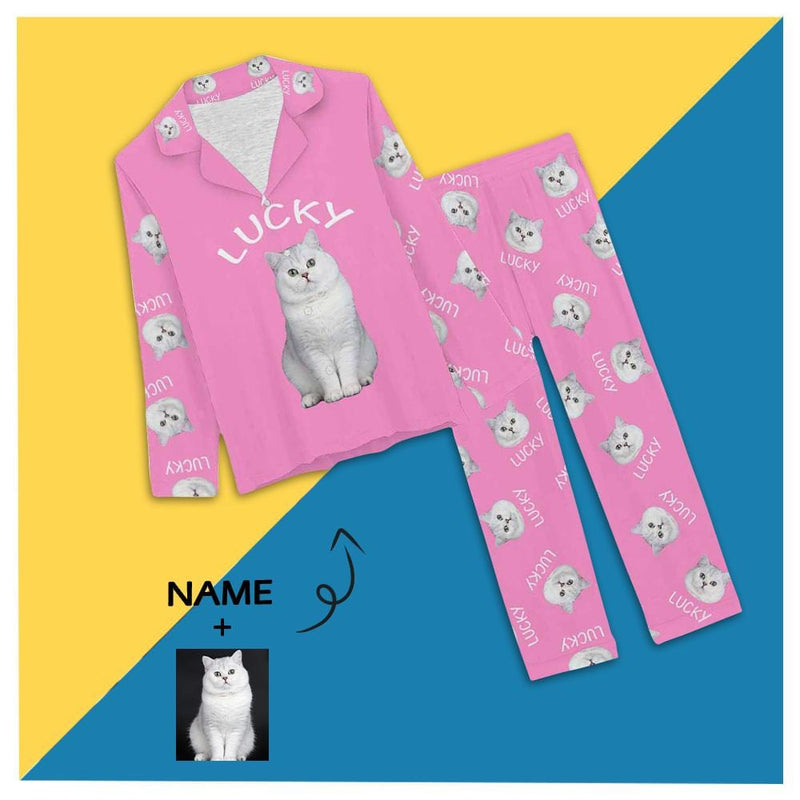 FacePajamas Pajama XS / Pink Custom Pet Cat Photo&Name Solid Color Sleepwear Personalized Women's Slumber Party Long Pajama Set