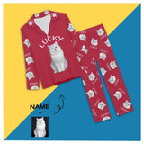 FacePajamas Pajama XS / Red Custom Pet Cat Photo&Name Solid Color Sleepwear Personalized Women's Slumber Party Long Pajama Set