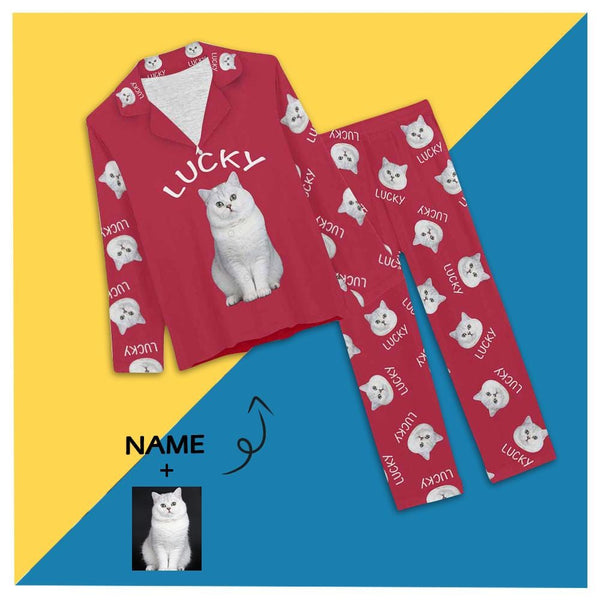 FacePajamas Pajama XS / Red Custom Pet Cat Photo&Name Solid Color Sleepwear Personalized Women's Slumber Party Long Pajama Set