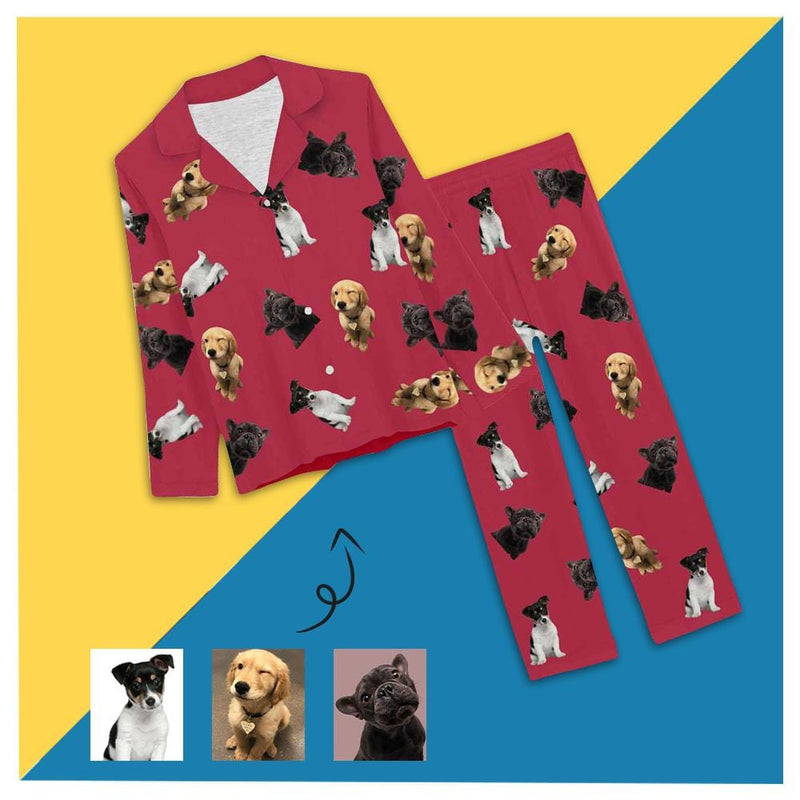 FacePajamas Pajama XS / Red Custom Pet Dog Photos Solid Color Sleepwear Personalized Women's Slumber Party Long Pajama Set