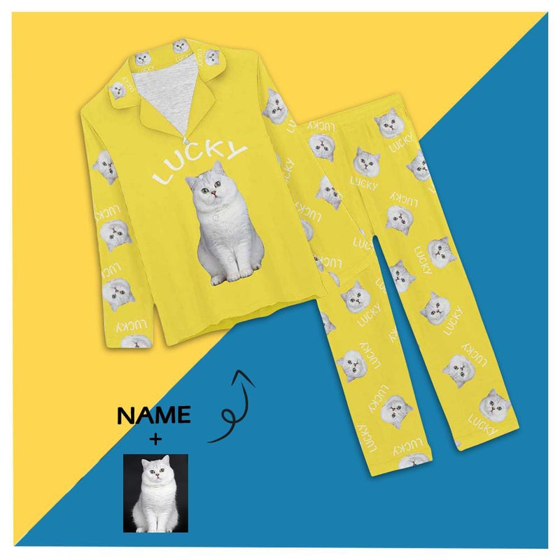 FacePajamas Pajama XS / Yellow Custom Pet Cat Photo&Name Solid Color Sleepwear Personalized Women's Slumber Party Long Pajama Set