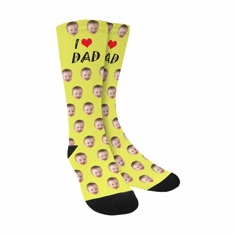FacePajamas Sublimated Crew Socks Yellow Custom Socks with Face Printed I Love Dad Sublimated Crew Socks Personalized Picture Socks Gift for Men