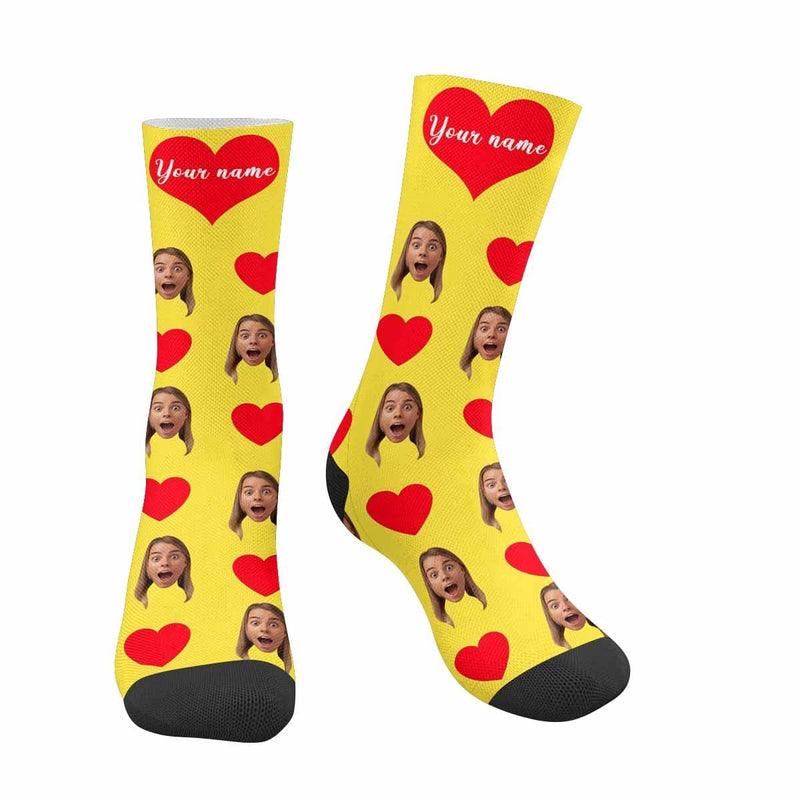 FacePajamas Sublimated Crew Socks Yellow Happy Mother's Day | Custom Face&Name Red Heart Socks Personalized Cute Girlfriend Sublimated Crew Socks for Mom