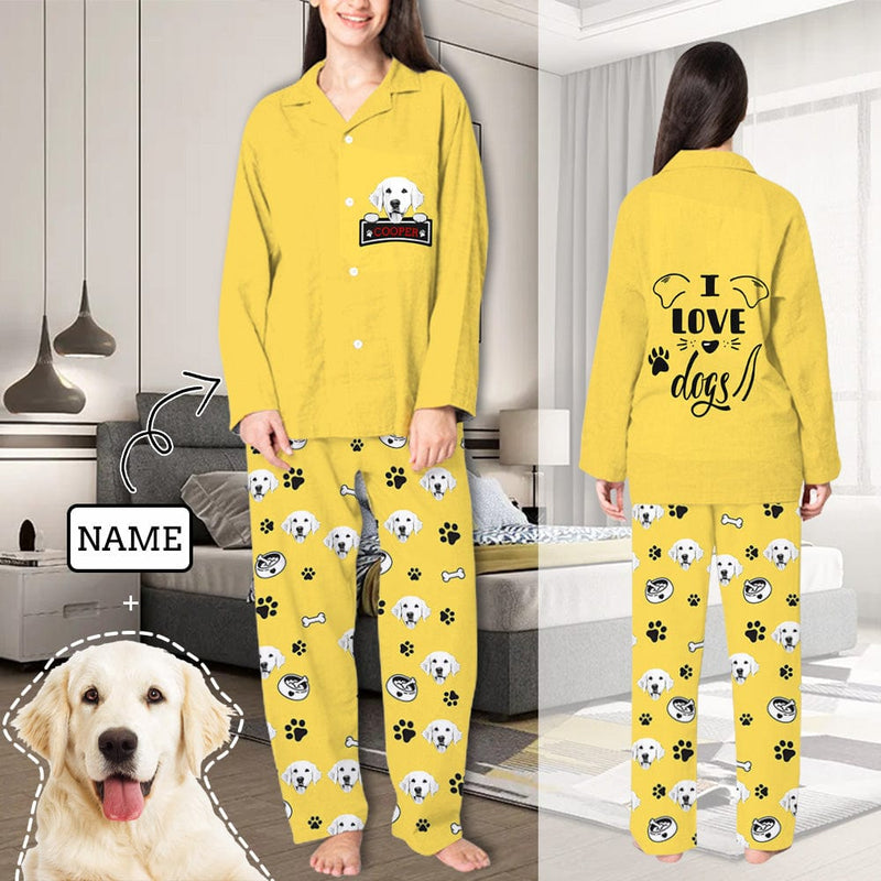 FacePajamas Pajama Yellow / XS Custom Pet Face & Name Pajamas Sleepwear Multiple Colors Personalized Women's Slumber Party Long Pajama Set